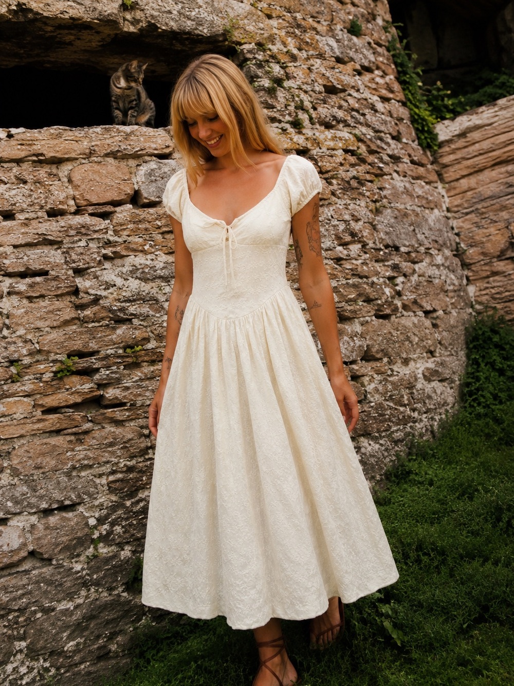 Endless Rose Cream Textured Midi Dress | Cottagecore Milkmaid | Women’s XS
